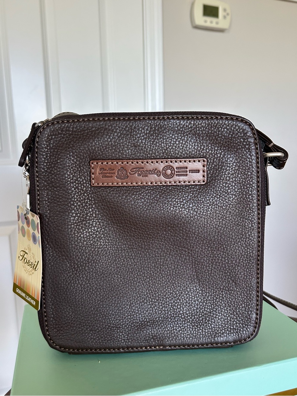 Fossil Dark Brown Pebbled Leather Messenger Crossbody